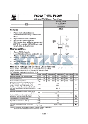 P600G datasheet - 6.0 AMPS Silicon Rectifiers