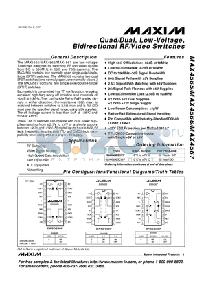 MAX4567CPE datasheet - Quad/Dual, Low-Voltage, Bidirectional RF/Video Switches