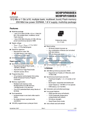 M39P0R1080E4 datasheet - 512 Mb or 1 Gb (x16, multiple bank, multilevel, burst) Flash memory 256 Mbit low power SDRAM, 1.8 V supply, multichip package