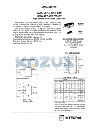 IN74HCT109 datasheet - DUAL J-K FLIP-FLOP WITH SET AND RESET
