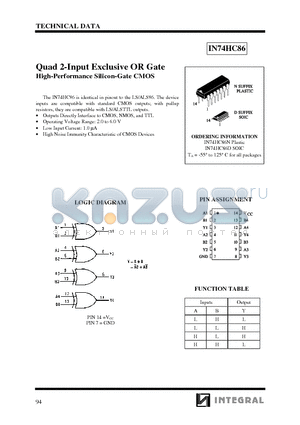 IN74HC86 datasheet - Quad 2-Input Exclusive OR Gate High-Performance Silicon-Gate CMOS