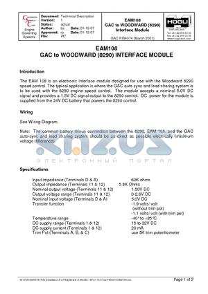 PIB4074 datasheet - GAC to WOODWARD (8290) Interface Module