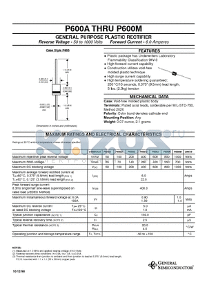 P600K datasheet - GENERAL PURPOSE PLASTIC RECTIFIER