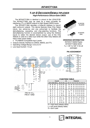 IN74HCT138AD datasheet - 1-OF-8 DECODER/DEMULTIPLEXER