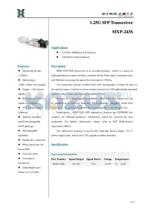 MXP-038MD datasheet - 1.25G SFP Transceiver