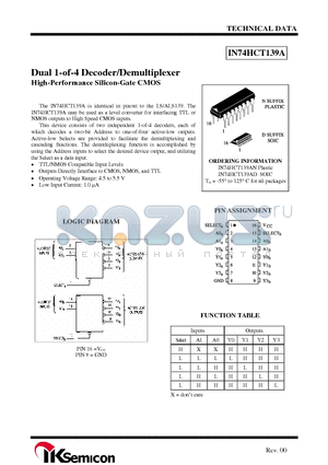 IN74HCT139A datasheet - Dual 1-of-4 Decoder/Demultiplexer High-Performance Silicon-Gate CMOS