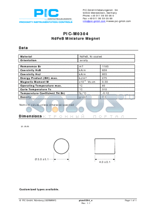 PIC-M0304 datasheet - NdFeB Miniature Magnet