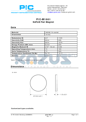 PIC-M1001 datasheet - NdFeB Flat Magnet