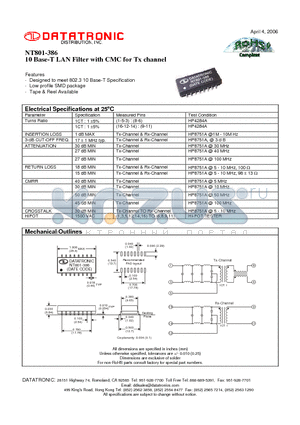 NT801-386 datasheet - 10 Base-T LAN Filter with CMC for Tx channel