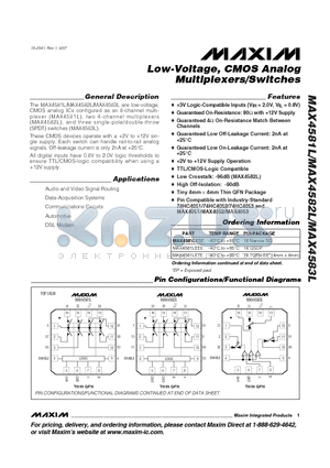 MAX4581LEEE datasheet - Low-Voltage, CMOS Analog Multiplexers/Switches