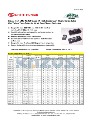 NT805-402 datasheet - Single Port SMD 10/100 Base-TX High Speed LAN Magnetic Modules