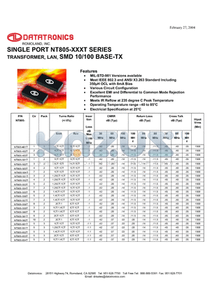 NT805-503T datasheet - SINGLE PORT NT805-XXXT SERIES TRANSFORMER, LAN, SMD 10/100 BASE-TX