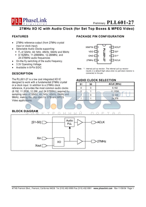 P601-27SC datasheet - 27MHz XO IC with Audio Clock (for Set Top Boxes & MPEG Video)