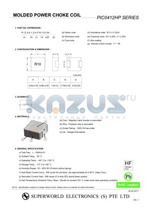 PIC0412HP100MN datasheet - MOLDED POWER CHOKE COIL