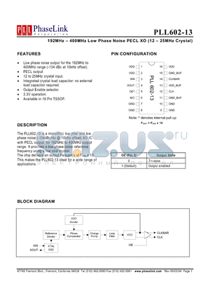 P602-13OC datasheet - 192MHz - 400MHz Low Phase Noise PECL XO (12 - 25MHz Crystal)