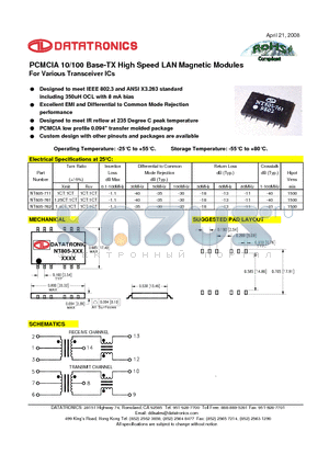 NT805-761 datasheet - PCMCIA 10/100 Base-TX High Speed LAN Magnetic Modules
