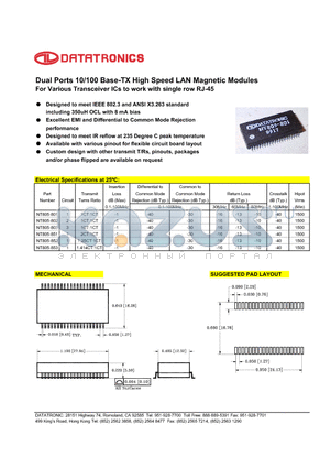 NT805-801 datasheet - Dual Ports 10/100 Base-TX High Speed LAN Magnetic Modules