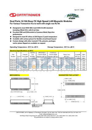 NT805-803 datasheet - Dual Ports 10/100 Base-TX High Speed LAN Magnetic Modules