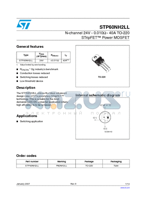 P60NH2LL datasheet - N-channel 24V - 0.010ohm - 40A TO-220 STripFET Power MOSFET
