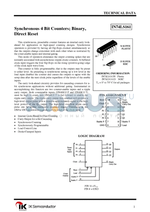 IN74LS161 datasheet - Synchronous 4 Bit Counters; Binary, Direct Reset