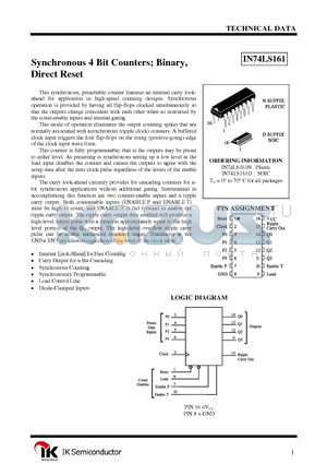 IN74LS161N datasheet - Synchronous 4 Bit Counters; Binary, Direct Reset