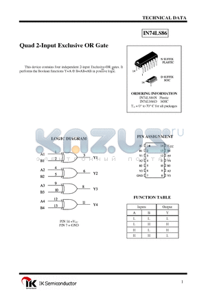 IN74LS86N datasheet - Quad 2-Input Exclusive OR Gate