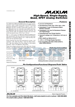 MAX4592CSE datasheet - High-Speed, Single-Supply, Quad, SPST Analog Switches