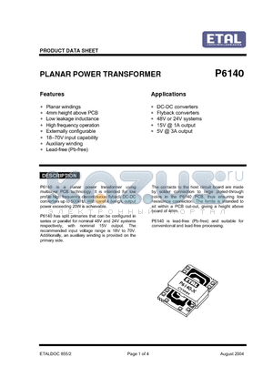 P6140 datasheet - PLANAR POWER TRANSFORMER