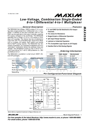 MAX4598CCP datasheet - Low-Voltage, Combination Single-Ended 8-to-1/Differential 4-to-1 Multiplexer