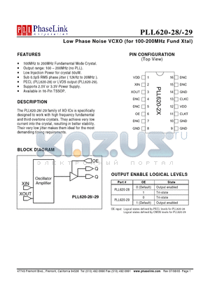 P620-2XOCL datasheet - Low Phase Noise VCXO (for 100-200MHz Fund Xtal)