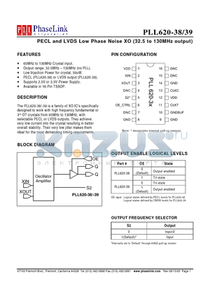 P620-3XDC datasheet - PECL and LVDS Low Phase Noise XO (32.5 to 130MHz output)