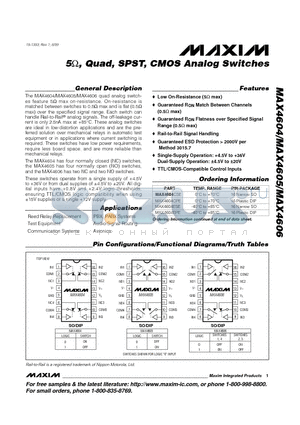 MAX4605CSE datasheet - 5ohm, Quad, SPST, CMOS Analog Switches