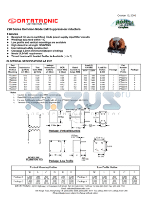 PT22006 datasheet - Common Mode EMI Suppression Inductors