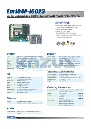 EM104P-I6023 datasheet - Intel Ultra Low Voltage Celeron 400 PC/104 Board with VGA/LCD, TV-out, CF, PC/104 & PC/104-Plus