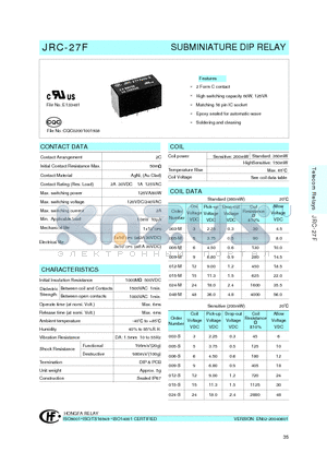 JRC-27F012S datasheet - SUBMINIATURE DIP RELAY