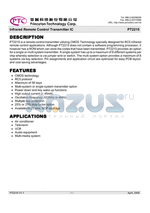 PT2215-040 datasheet - Infrared Remote Control Transmitter IC