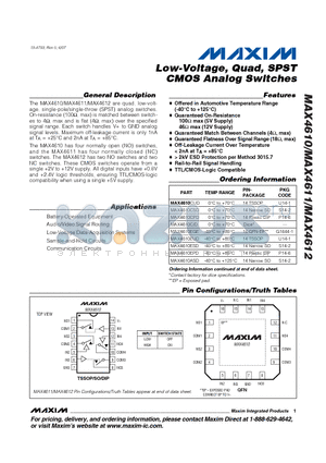 MAX4610ASD datasheet - Low-Voltage, Quad, SPST CMOS Analog Switches