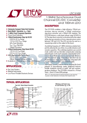 LTC3100 datasheet - 1.5MHz Synchronous Dual Channel DC/DC Converter and 100mA LDO