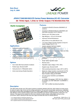 JRW060A0F1 datasheet - 36-75Vdc Input; 1.2Vdc to 12Vdc Output