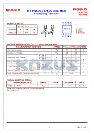 P6503NJG datasheet - N- & P-Channel Enhancement Mode Field Effect Transistor