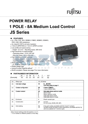 JS-12D-K-V3 datasheet - POWER RELAY 1 POLE - 8A Medium Load Control