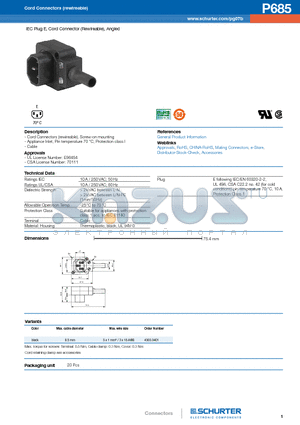 P685 datasheet - IEC Plug E, Cord Connector (Rewireable), Angled