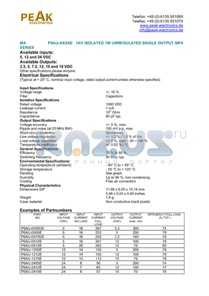 P6AU-0512E datasheet - 1KV ISOLATED 1W UNREGULATED SINGLE OUTPUT SIP4