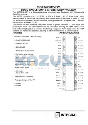 IN80C52N datasheet - CMOS SINGLE-CHIP 8-BIT MICROCONTROLLER