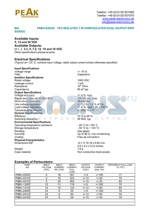 P6BU-0505 datasheet - 1KV ISOLATED 1 W UNREGULATED DUAL OUTPUT DIP8