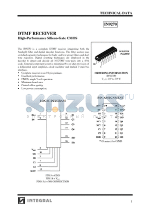 IN9270N datasheet - DTMF RECEIVER High-Performance Silicon-Gate CMOS