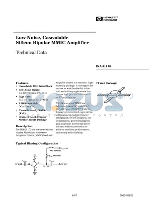 INA-01170 datasheet - Low Noise, Cascadable Silicon Bipolar MMIC Amplifier