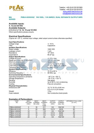 P6BUI-121515Z datasheet - P6BUI-XXXXXXZ 1KV ISOL. 1 W UNREG. DUAL SEPARATE OUTPUT DIP8