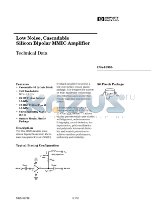 INA-10386-BLK datasheet - Low Noise, Cascadable Silicon Bipolar MMIC Amplifier