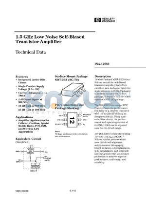 INA-12063-TR1 datasheet - 1.5 GHz Low Noise Self-Biased Transistor Amplifier